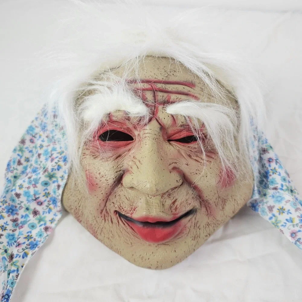Creepy Old Lady Halloween Mask Face Witch Scary Grandma Mask with Hair & Scarf